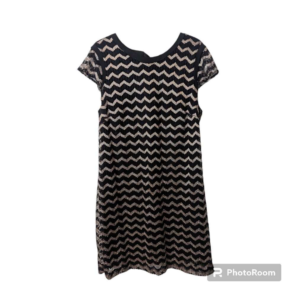 NWOT Charming Charlie C Black Gold Chevron Striped Stretch Lace Lined Dress L